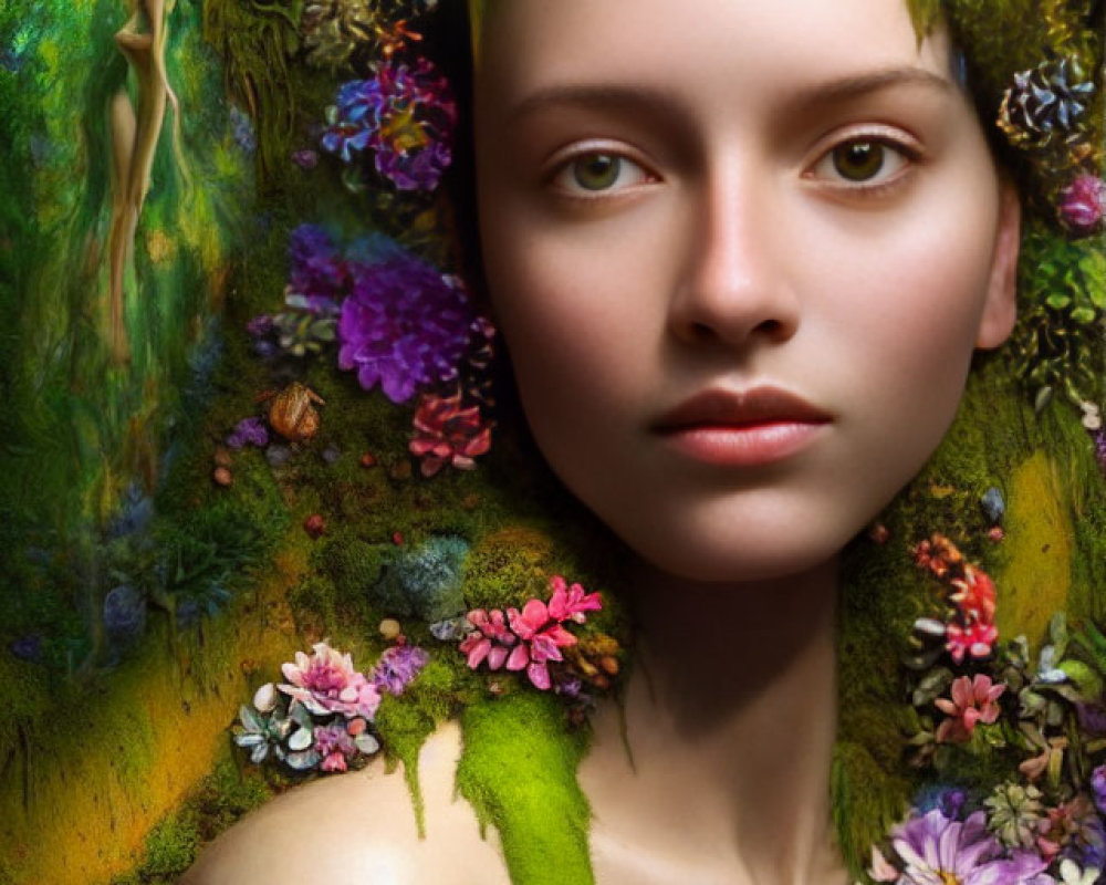 Colorful Flower and Moss Adorned Woman Portrait with Nature Connection