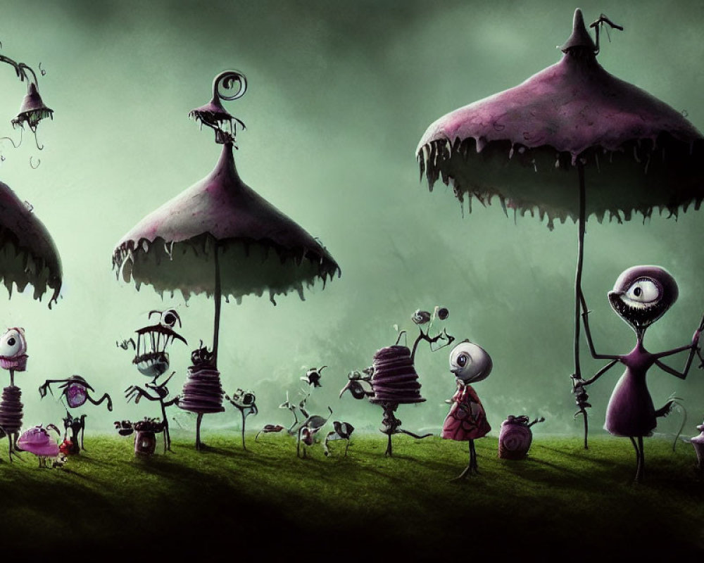 Surreal Fantasy Landscape with Quirky Creatures and Mushroom Trees
