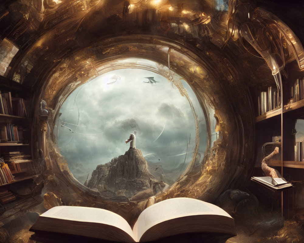 Fantastical portal and mountain scene with open book and flying fish