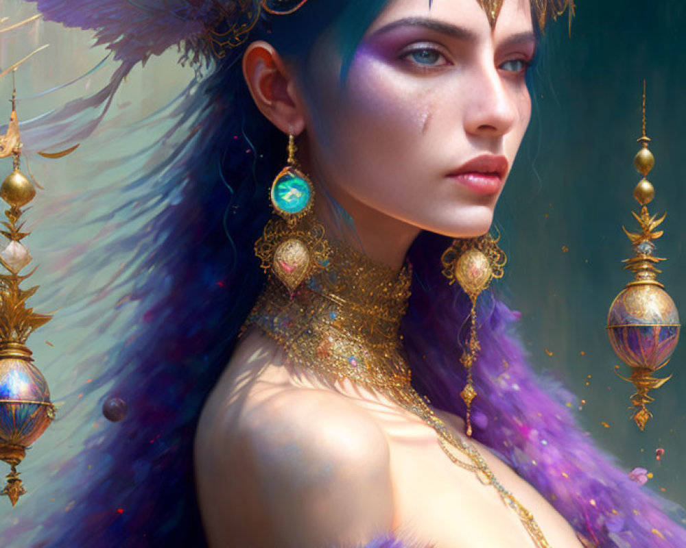 Fantasy styled portrait of a woman with vibrant feathers, ornate jewelry, and floral decorations