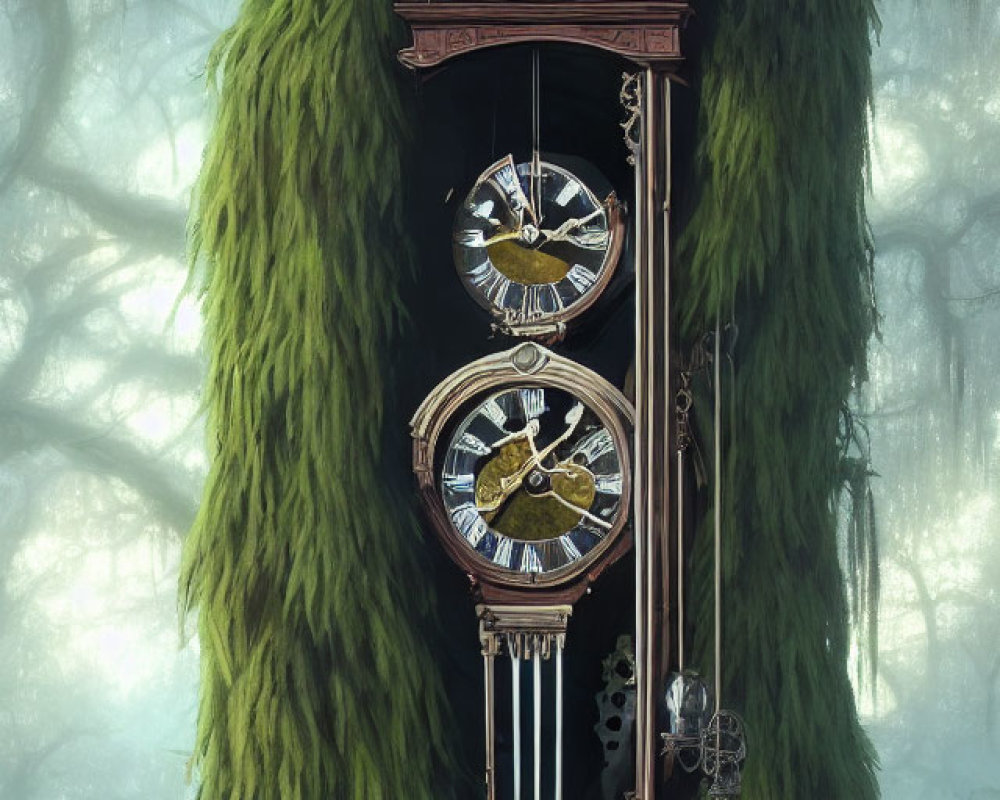 Ornate grandfather clock integrated with mossy tree in misty forest