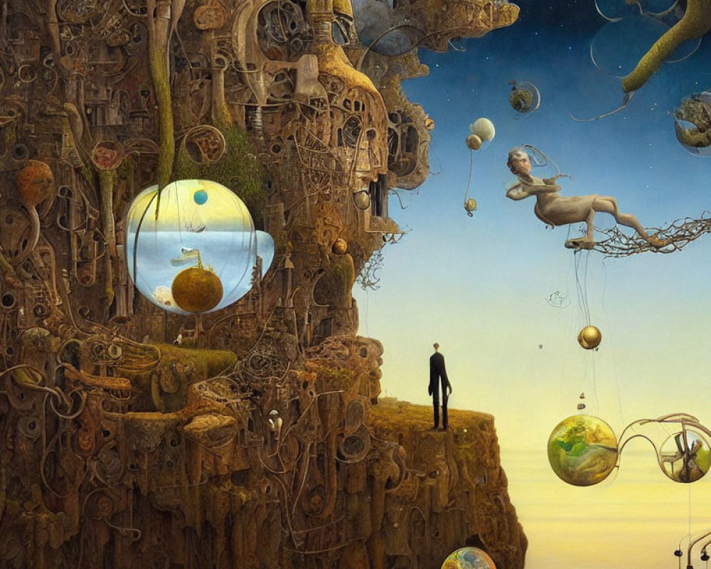 Surreal painting featuring man on cliff, mechanical tree, celestial spheres, and horse-like figure in