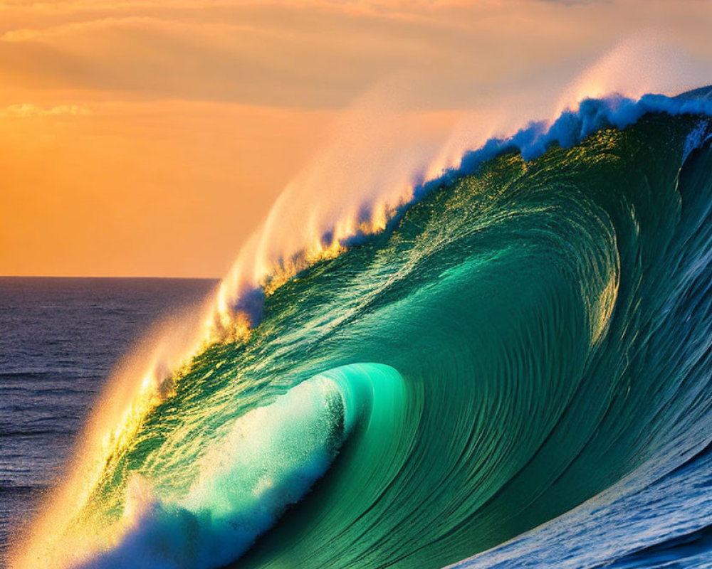 Colorful Ocean Wave Curling Against Sunset Sky
