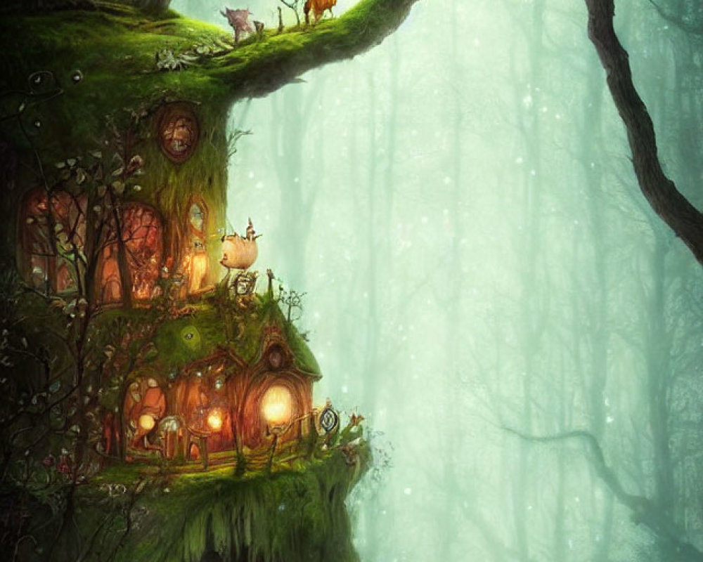 Enchanting forest scene with whimsical treehouse and fantastical creatures