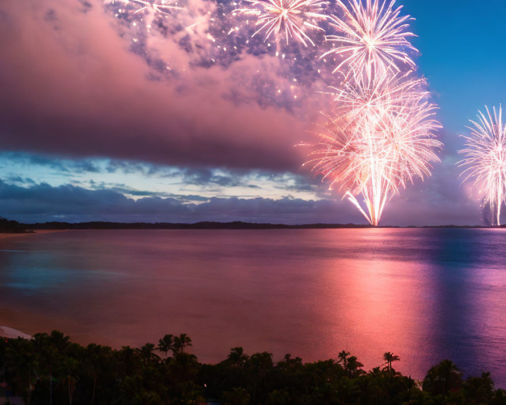 Colorful fireworks illuminate calm sea at dusk