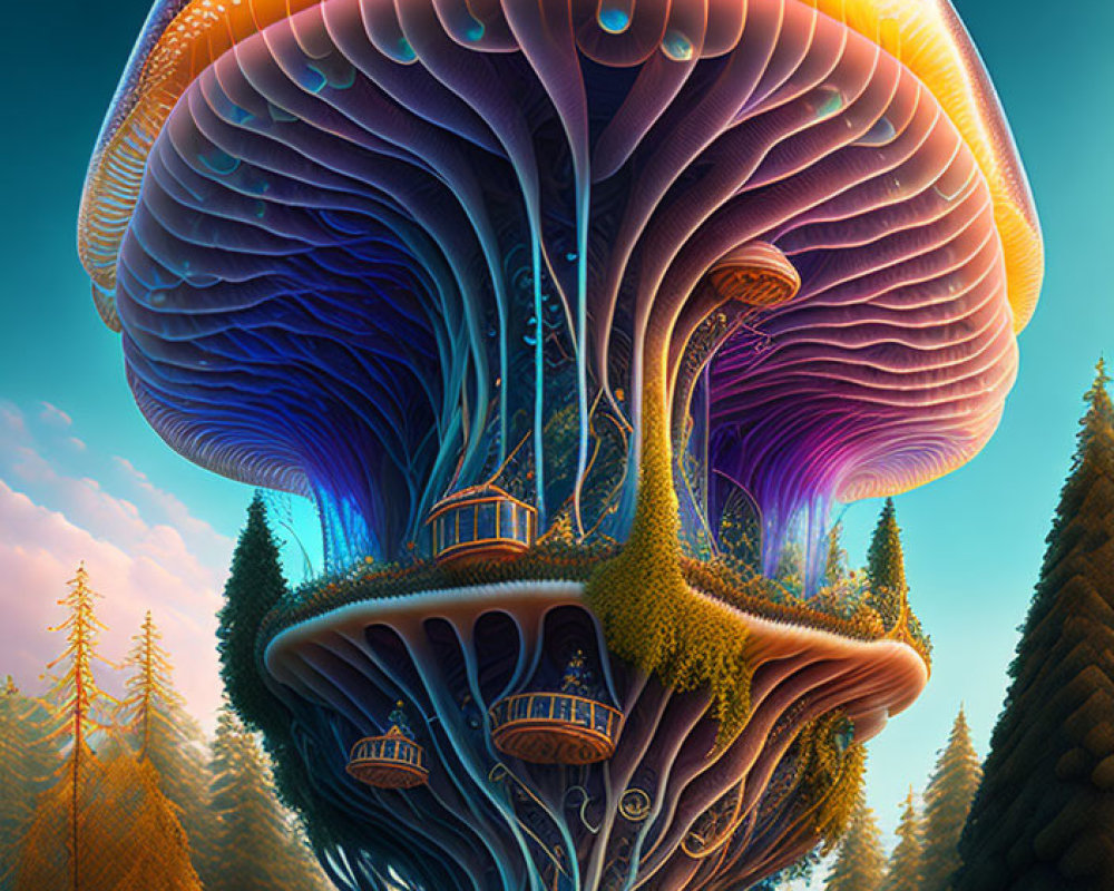 Vibrant giant mushroom digital art in forest setting