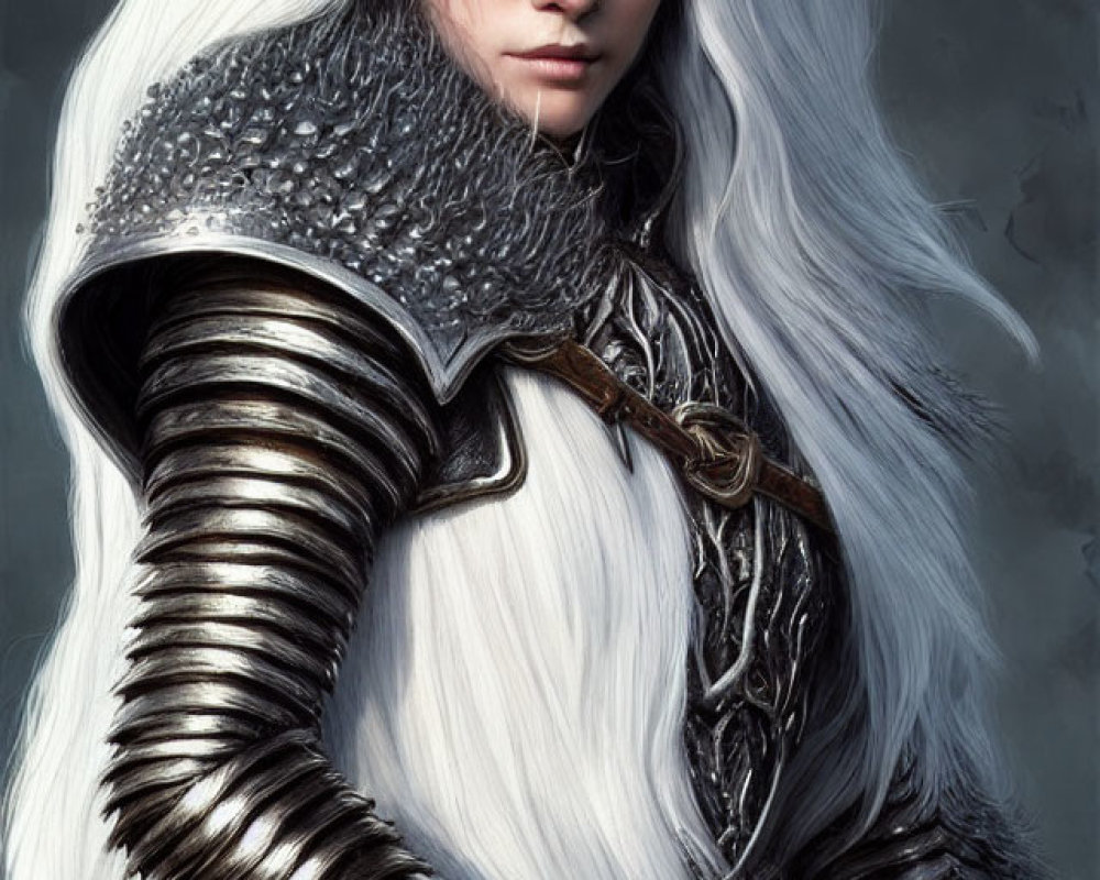 Fantasy warrior portrait with white hair, blue eyes, detailed armor, and fur cape