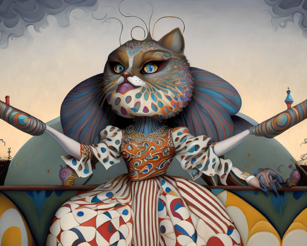 Anthropomorphic cat playing drums in surreal cityscape