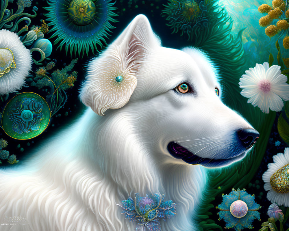 White Dog with Amber Eyes in Surreal Floral Setting with Glowing Blue and Green Hues