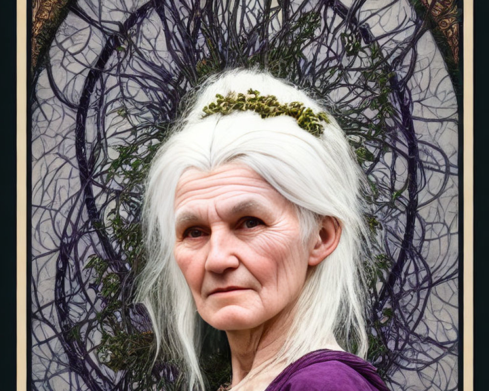 Elder woman with white hair and golden crown in purple cloak before circular pattern