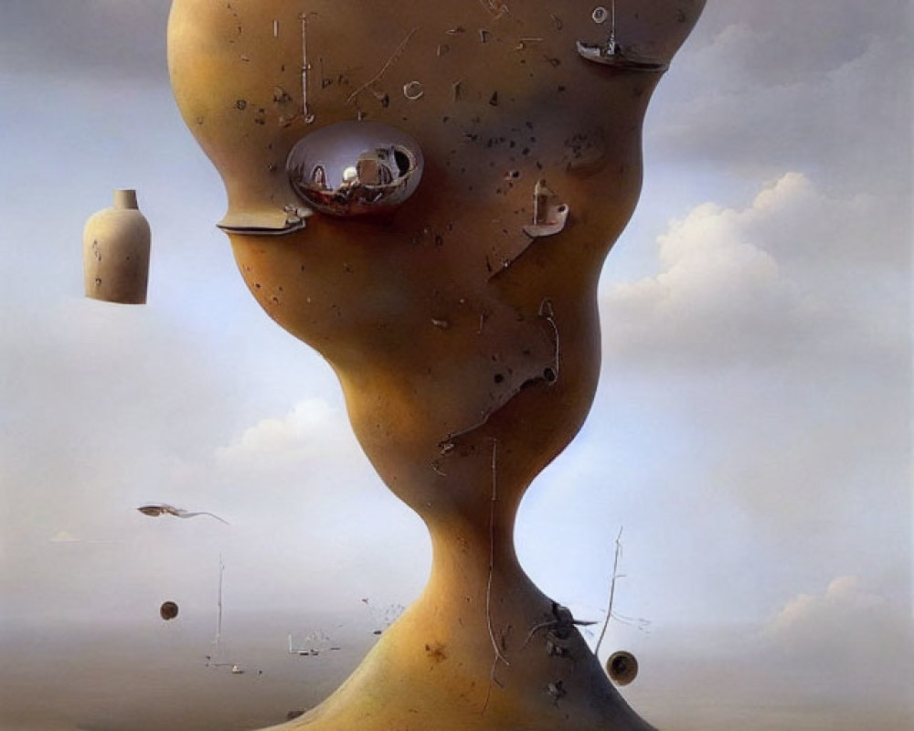 Surrealistic humanoid head landscape with ladders, windmill, and scattered objects