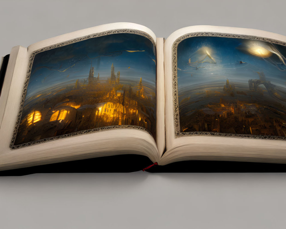 Illustrated fantasy cityscape in open book with glowing windows and flying ship
