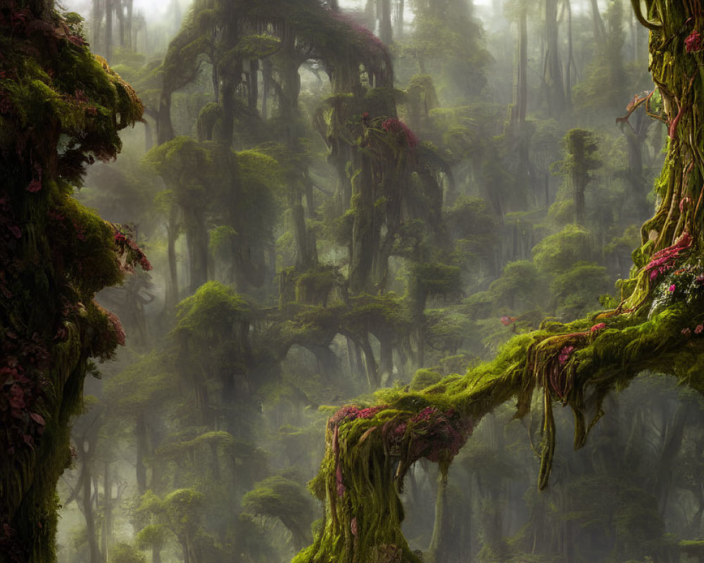 Moss-covered branches in misty green forest