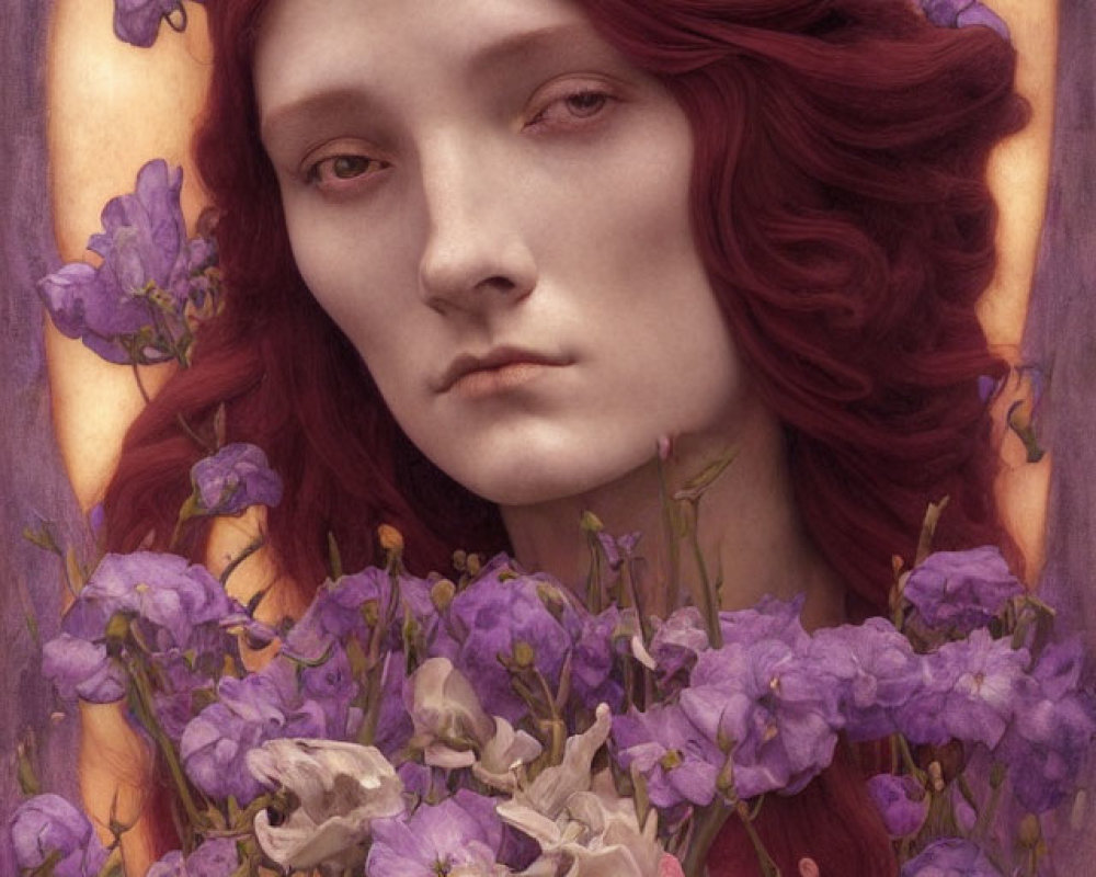 Portrait of Person with Red Hair and Pale Skin Surrounded by Purple Flowers