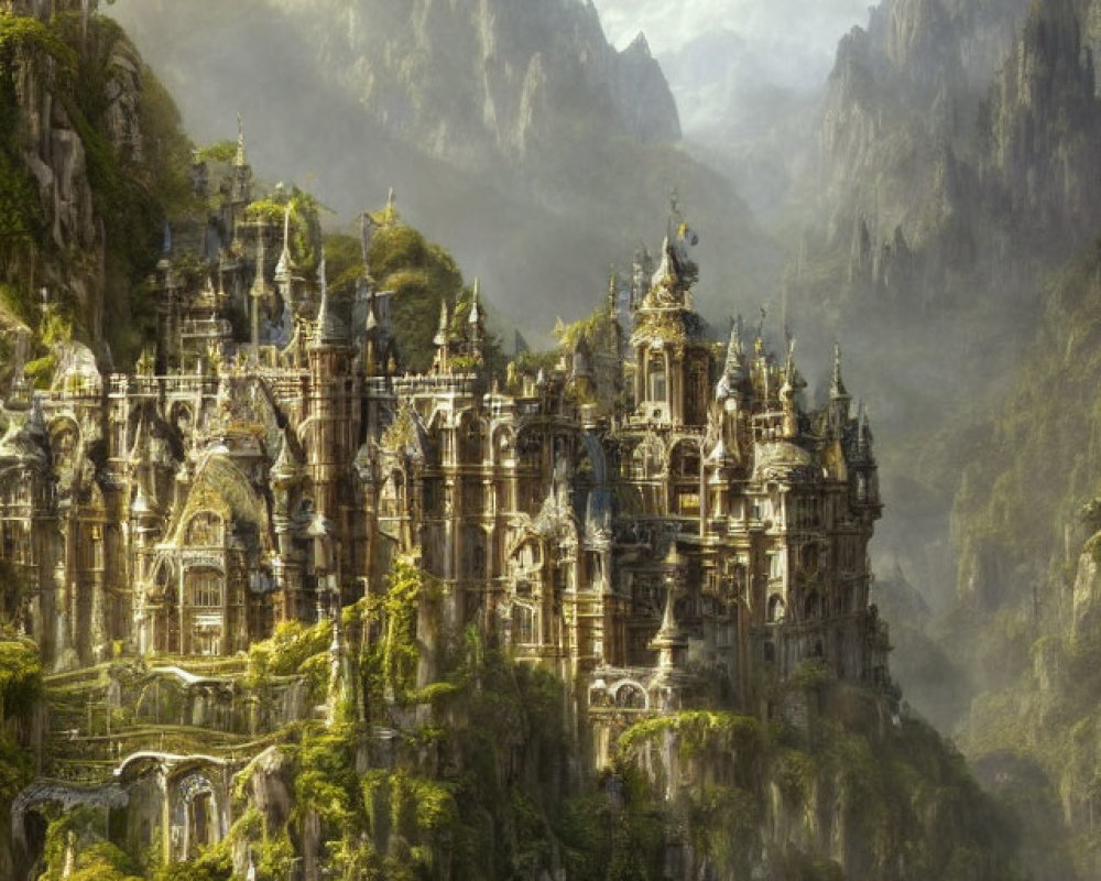 Fantasy castle in mountainous landscape with sunbeams.