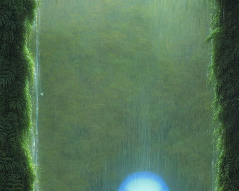 Enchanting forest pond with glowing blue orb and waterfall