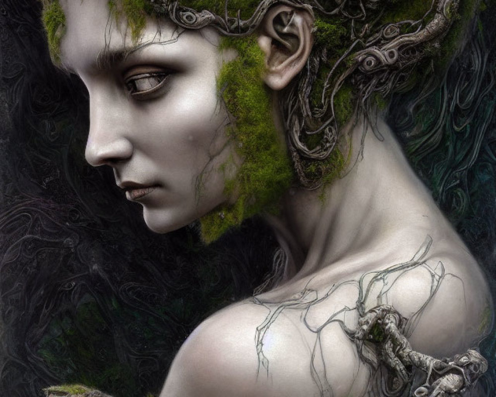 Person with Moss and Twisted Branches: Ethereal Forest Portrait