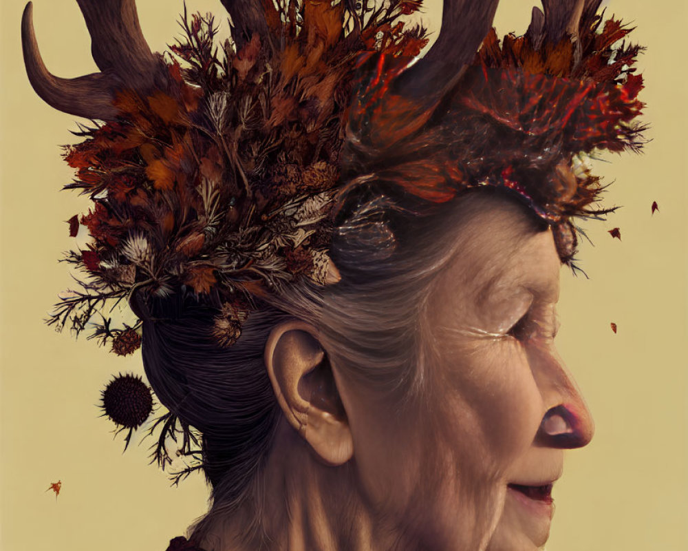 Elderly Woman Profile with Elaborate Autumn Antlers