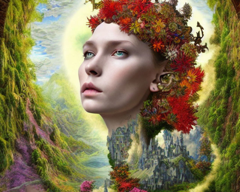 Surreal portrait featuring person with autumn leaf head in fantastical landscape