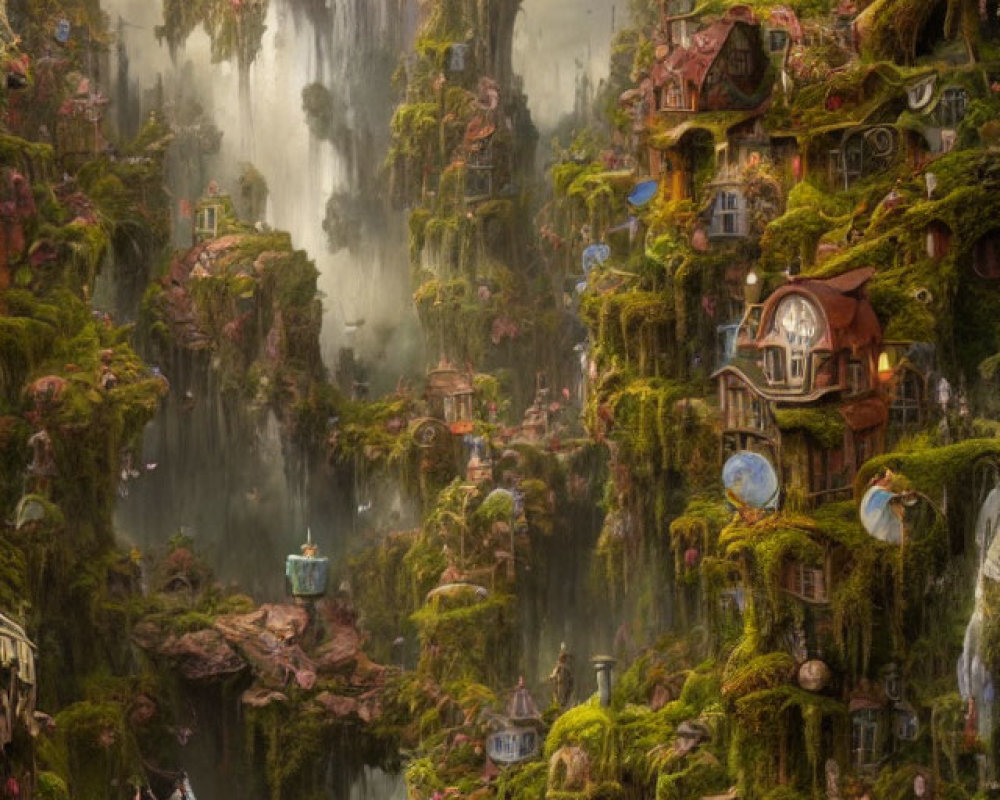 Verdant cliffs, cascading waterfalls, whimsical houses in mystical fantasy landscape