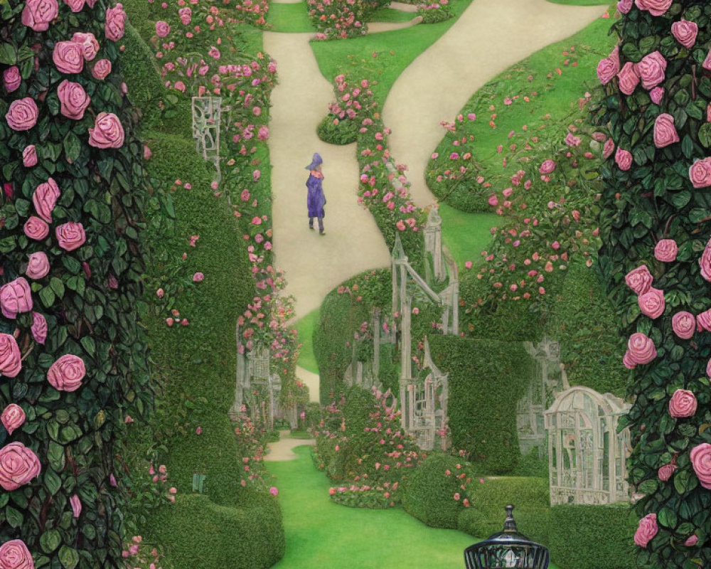 Verdant Victorian garden with pink rose bushes and street lamp