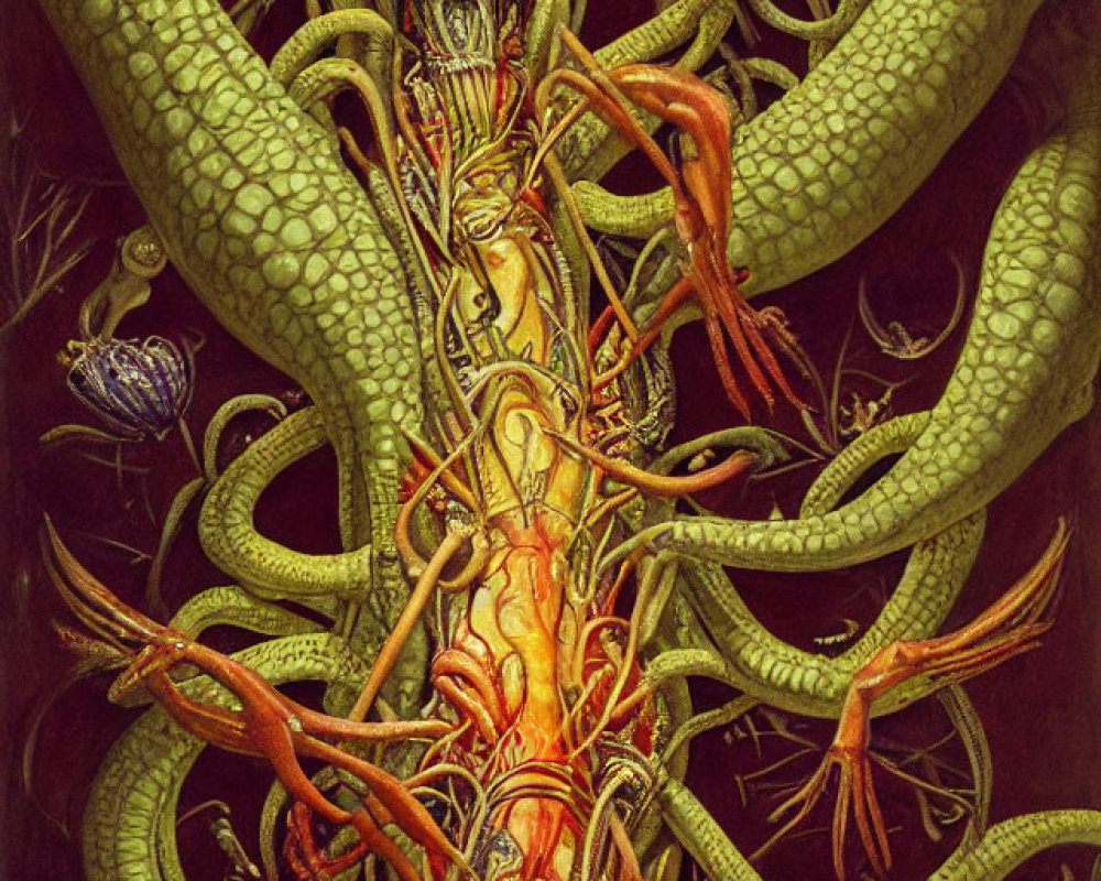 Detailed human figure entwined by green serpents on red backdrop