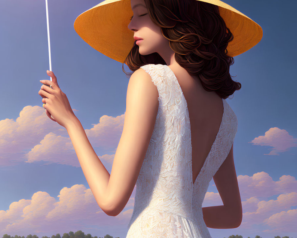 Woman in white dress and straw hat among sunflowers with conductor's baton.