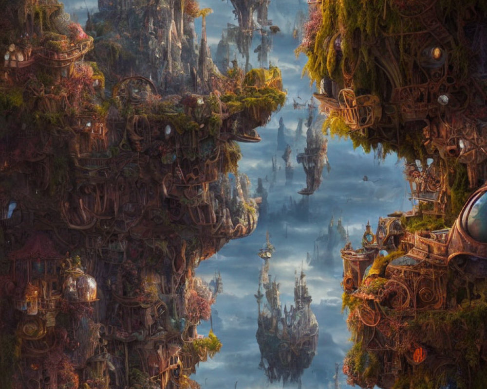 Symmetrical fantasy landscape with intricate cities and gravity-defying structures