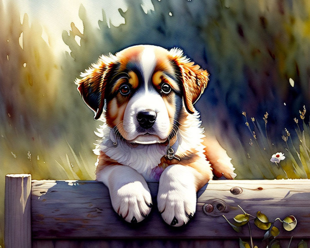Illustrated Puppy Resting on Wooden Fence in Sunlit Garden