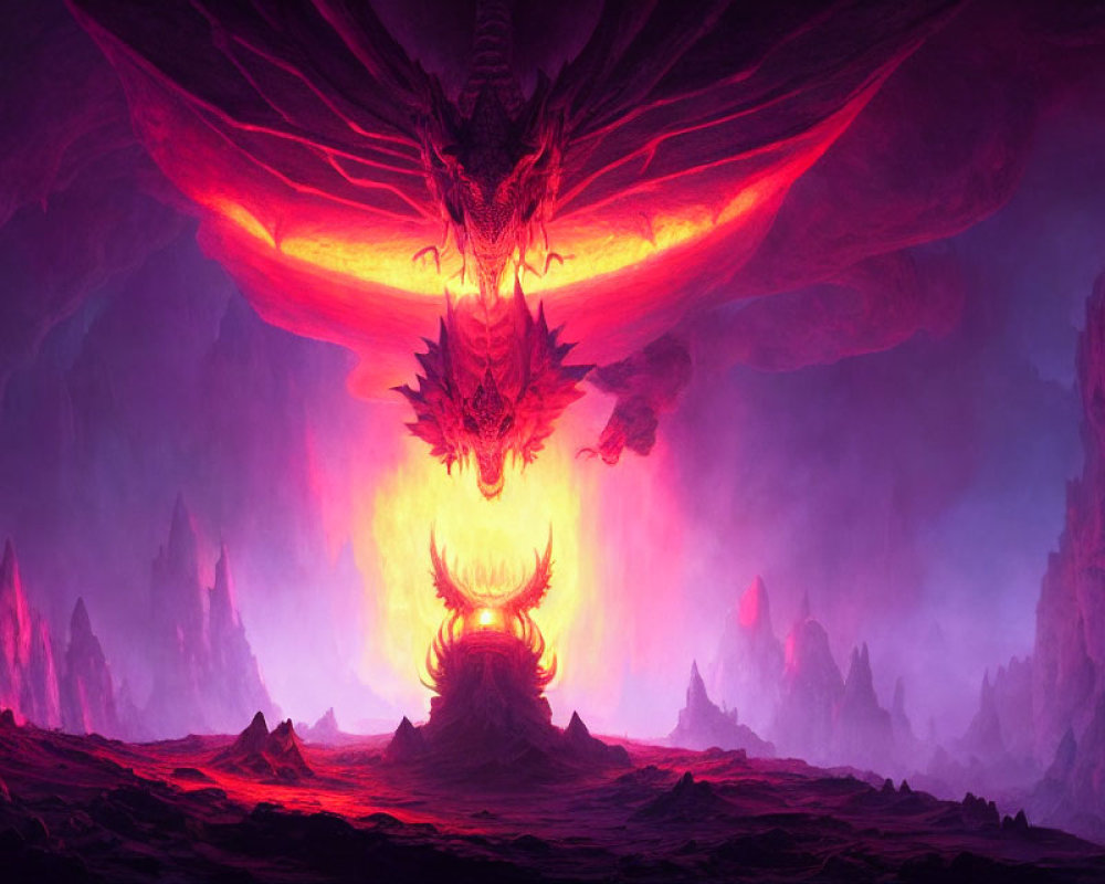 Majestic dragon hovering above fiery throne in glowing cavernous realm