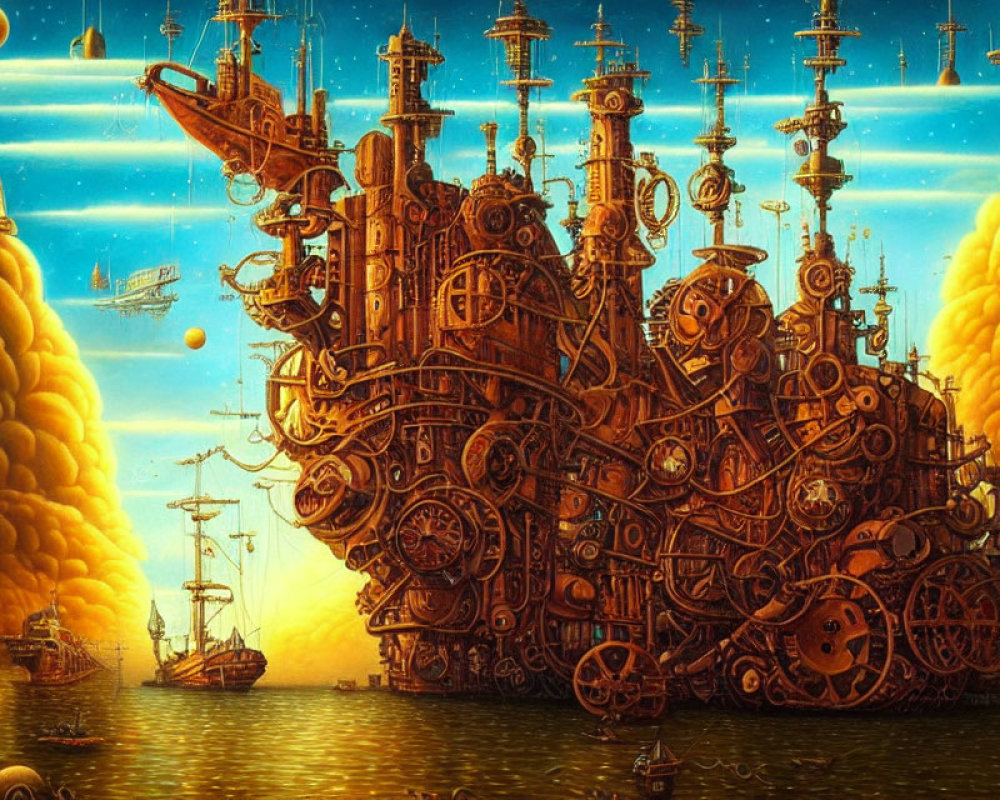 Steampunk ship with gears and mechanical structures above the sea at sunset