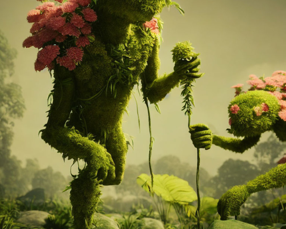 Moss-covered creature with pink flowers in misty forest landscape