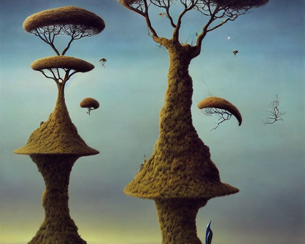 Surreal painting of mushroom-like trees under dusky sky with floating islands