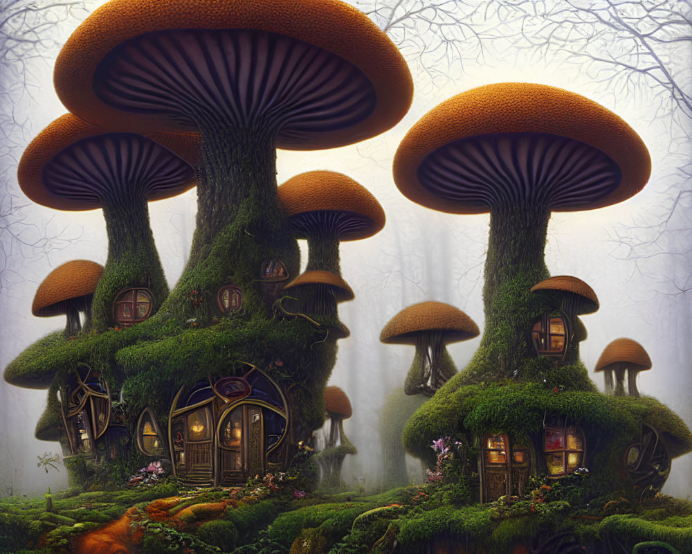 Fantasy illustration: oversized mushroom village in misty forest