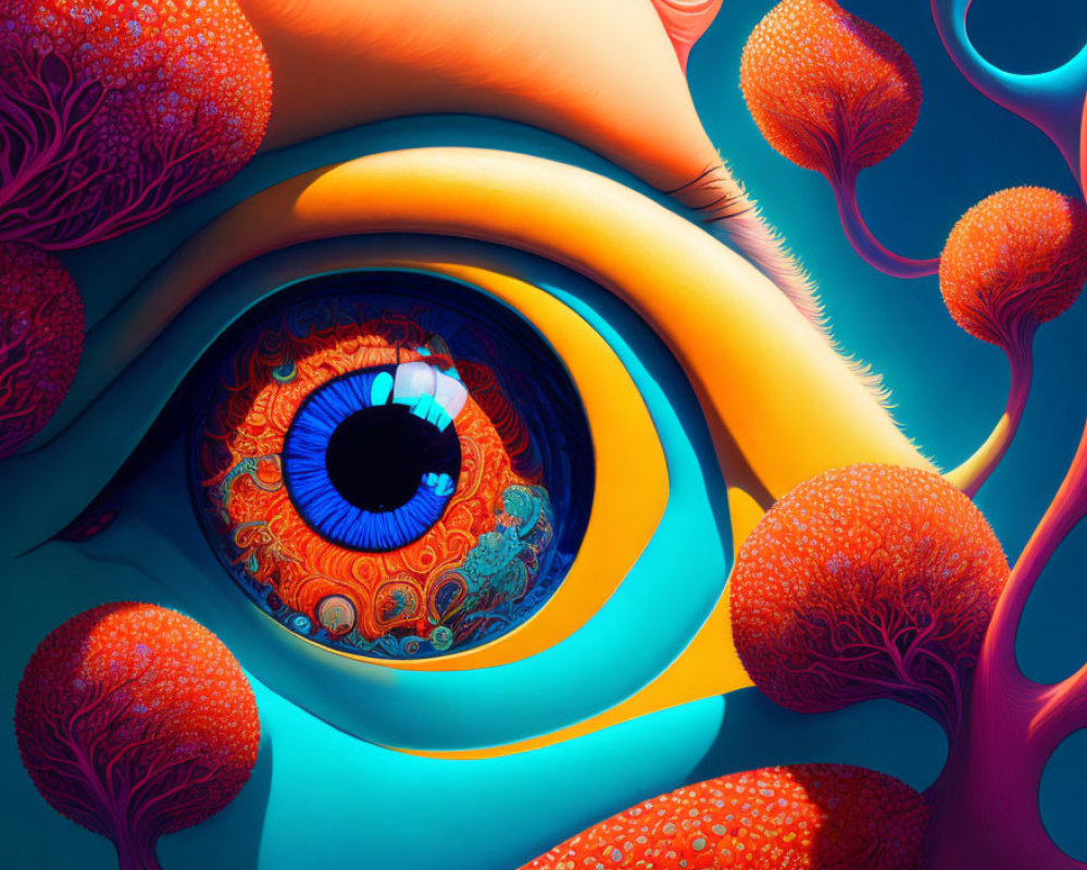 Colorful surreal illustration: Blue eye with tree-like structures and intricate iris patterns