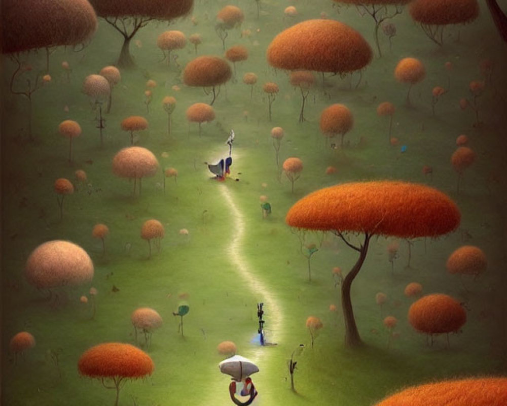 Fantasy forest scene with orange mushroom trees and cloaked figure walking.