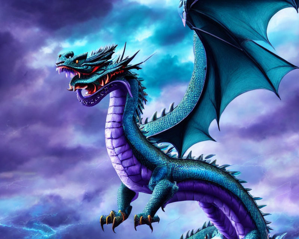 Blue-Scaled Dragon with Large Wings in Dramatic Purple Sky