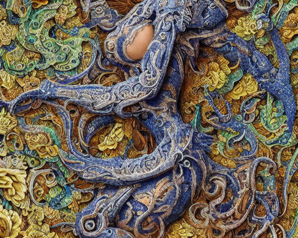 Intricate gold and blue tapestry with woman blending in
