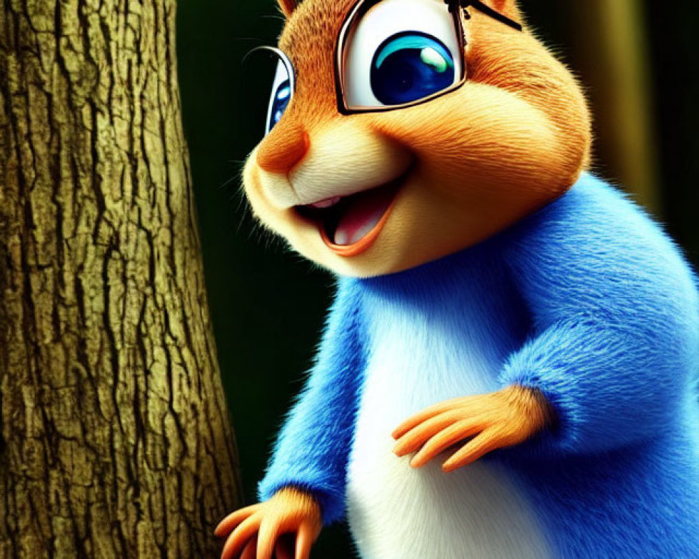 Cheerful chipmunk with blue torso in forest scene