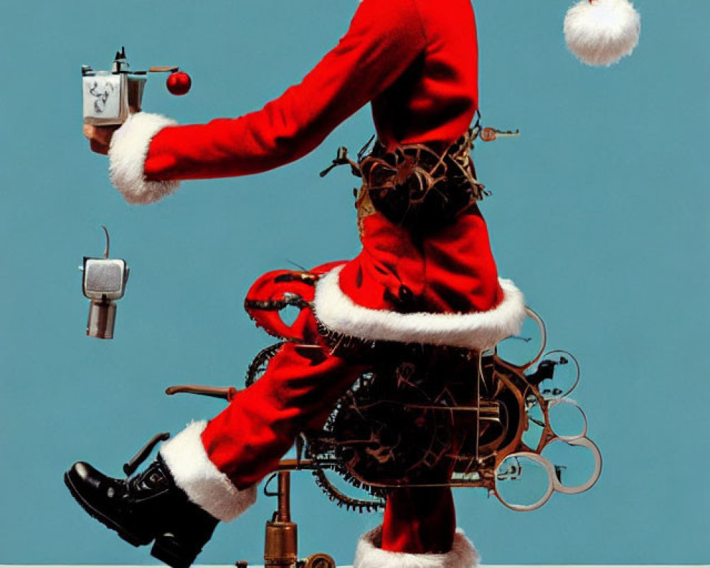 Santa Suit Figure on Steampunk Machine with Paint Gun