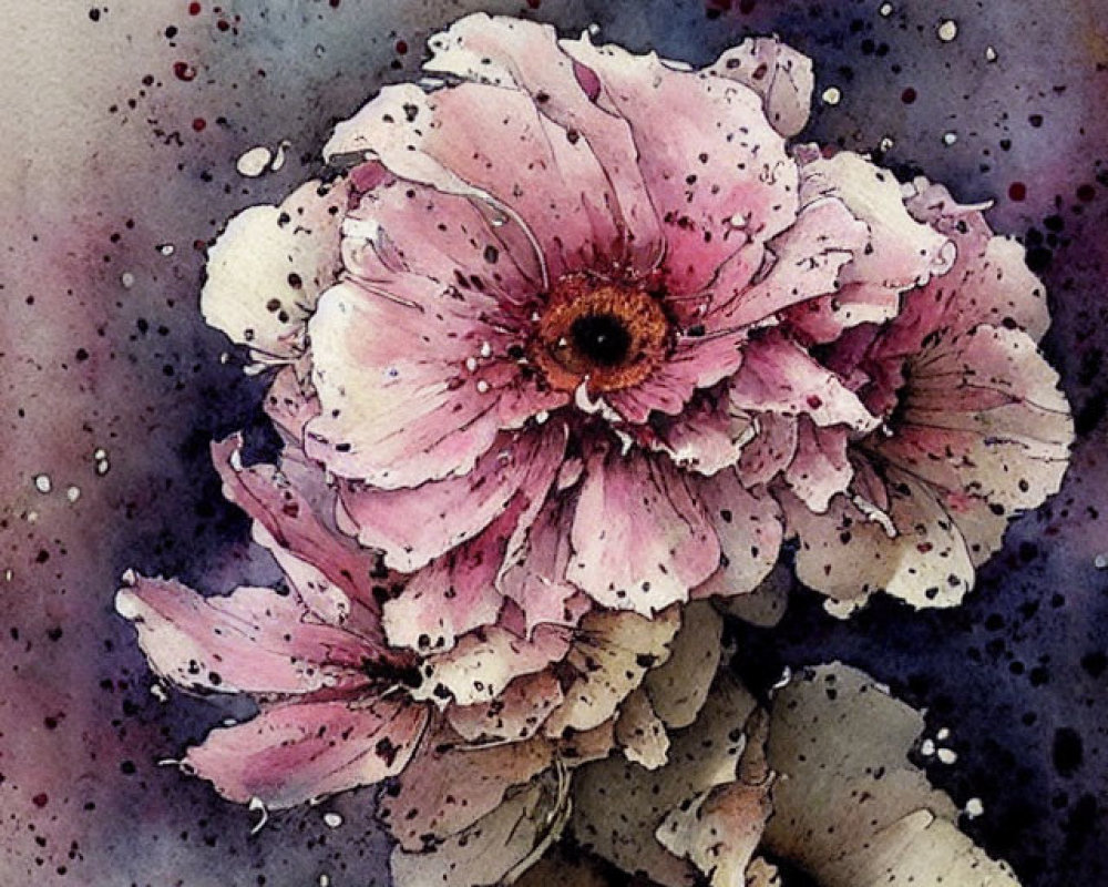 Pink flower watercolor painting with ink splatter on mottled background