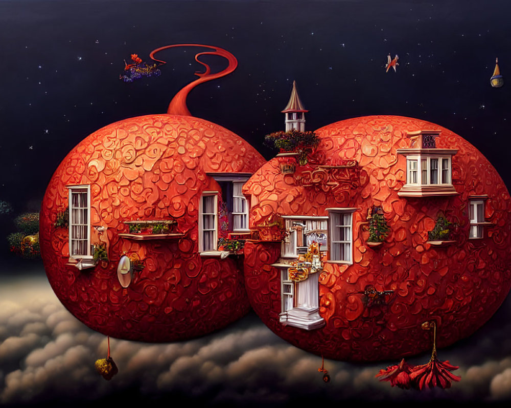 Interconnected Tomato-Like Planets with Surreal Architectural Elements