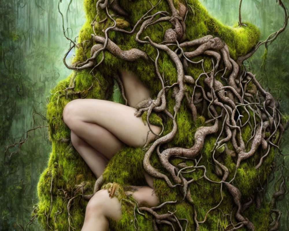 Fantasy image of green-skinned woman in mossy forest