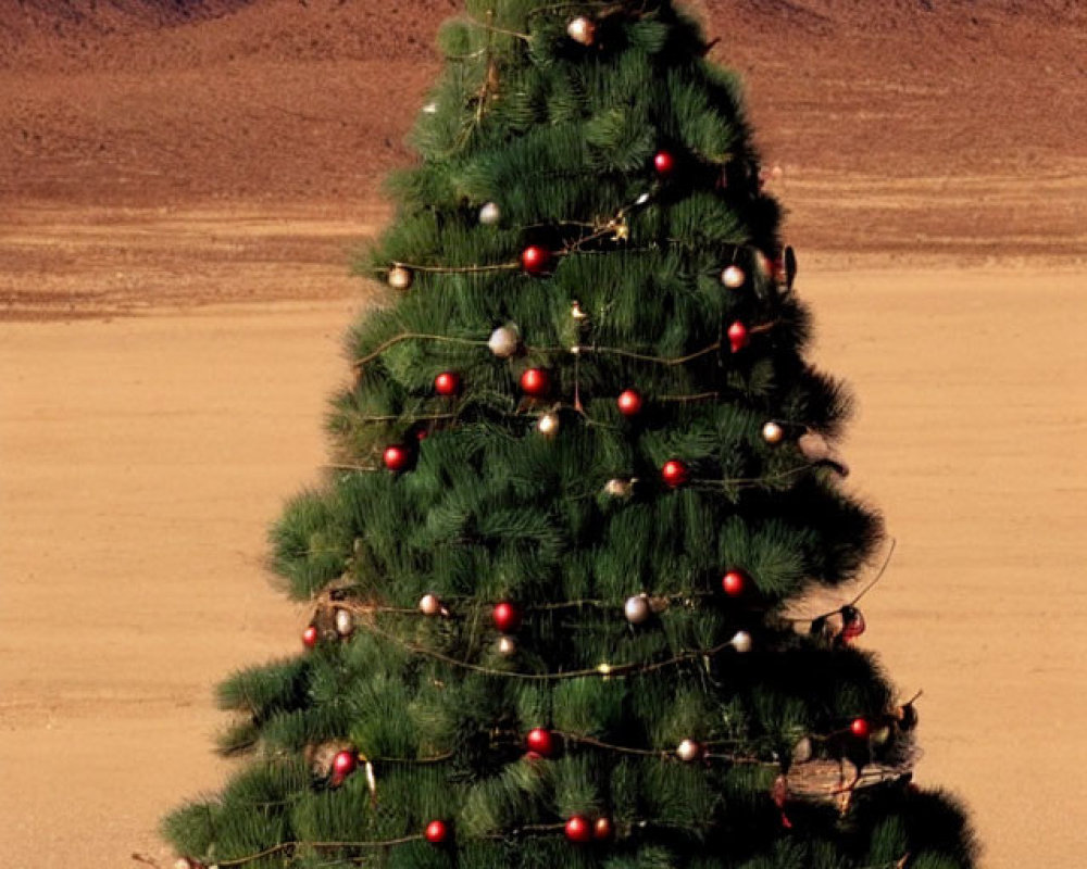 Decorated Christmas tree with star topper in desert landscape.