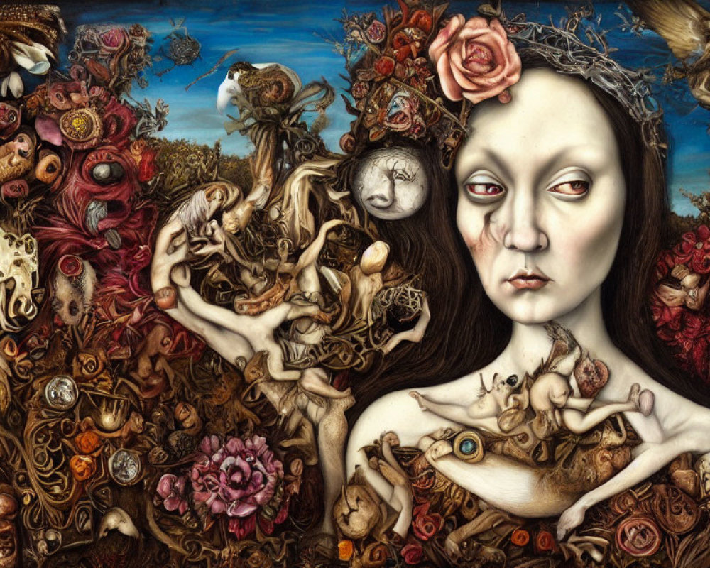 Detailed surreal painting: central female figure, eyes, flowers, faces, organic textures