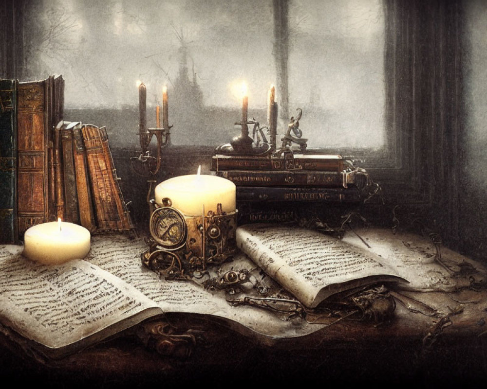 Vintage open book, quill pen, candles, books, forest backdrop on wooden desk