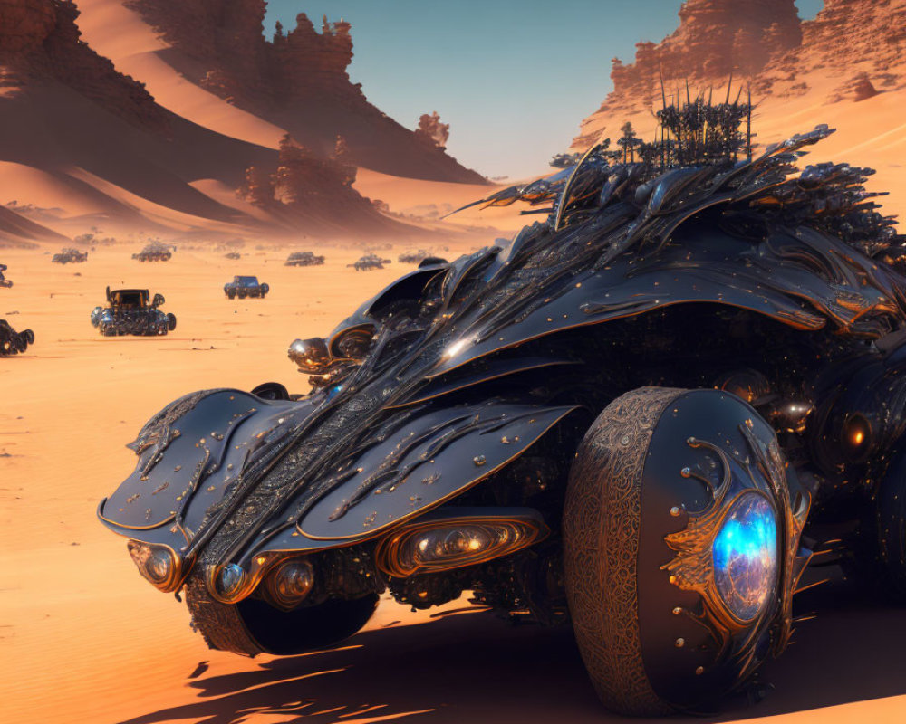 Black futuristic vehicle with glowing elements in desert landscape