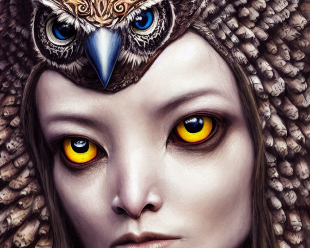 Surreal portrait of woman with owl features and intense yellow eyes