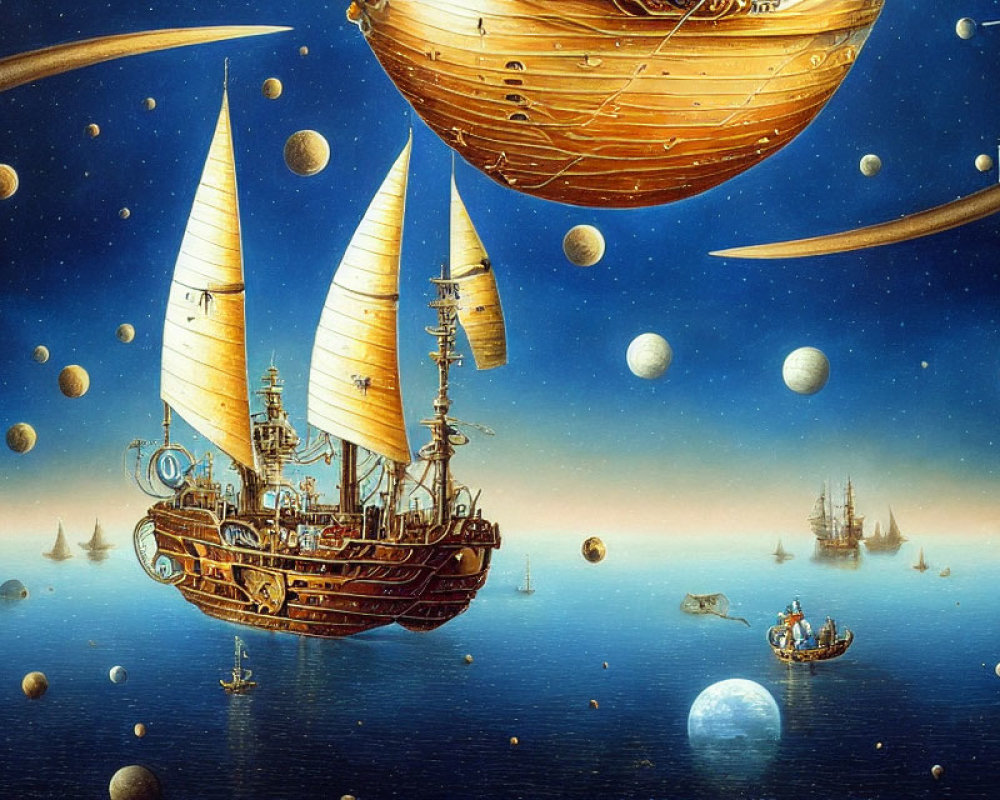 Wooden ships sailing through space among planets in surreal scene