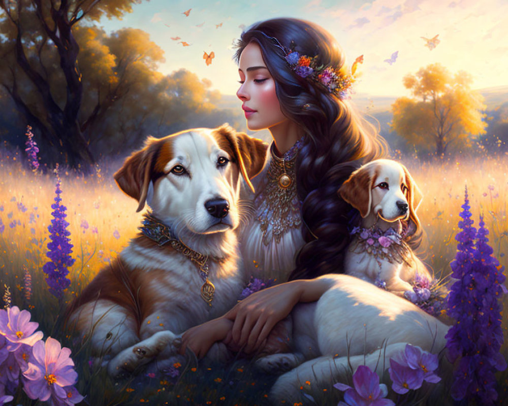 Woman with dogs in floral meadow at sunset